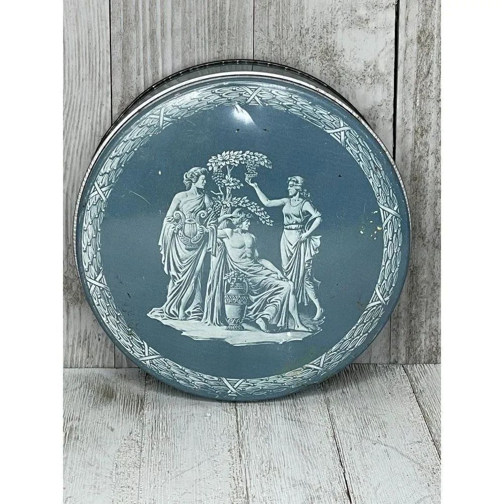 Vintage Round Blue & White Festival Bakers Tin With Greek Scene